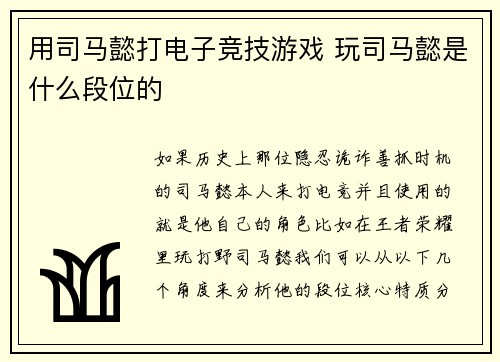 用司马懿打电子竞技游戏 玩司马懿是什么段位的